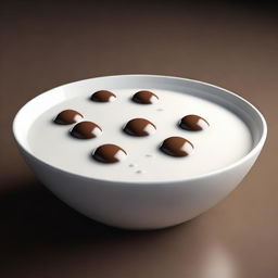 A hyper-realistic digital art piece depicting a bowl of round, white cereal immersed in dark brown milk