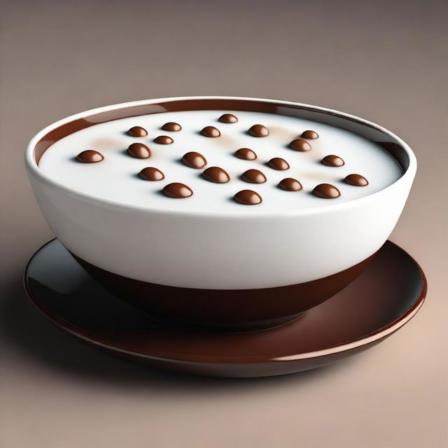 A hyper-realistic digital art piece depicting a bowl of round, white cereal immersed in dark brown milk