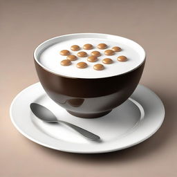 A hyper-realistic digital art piece depicting a bowl of round, white cereal immersed in dark brown milk