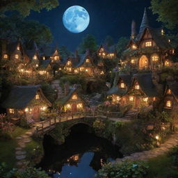 The fairy village encased in a moonlit glow, where each house brims with unique character and personal traits, amplifying the overall magic. Overscaled flora surround the houses, bathed in glowing luminescence.