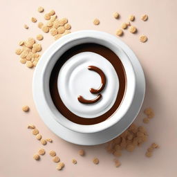 A hyper-realistic digital art piece depicting a bowl of round, white cereal immersed in dark brown milk