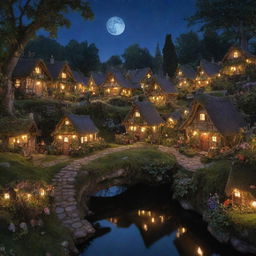 The fairy village encased in a moonlit glow, where each house brims with unique character and personal traits, amplifying the overall magic. Overscaled flora surround the houses, bathed in glowing luminescence.