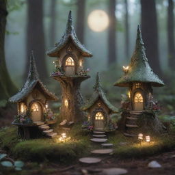 A handful of enchanted fairy houses under the mesmerizing moonlight amidst an ethereal forest setting, each brimming with magical aura intensified by twinkling lights and mystical mist.