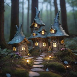 A handful of enchanted fairy houses under the mesmerizing moonlight amidst an ethereal forest setting, each brimming with magical aura intensified by twinkling lights and mystical mist.