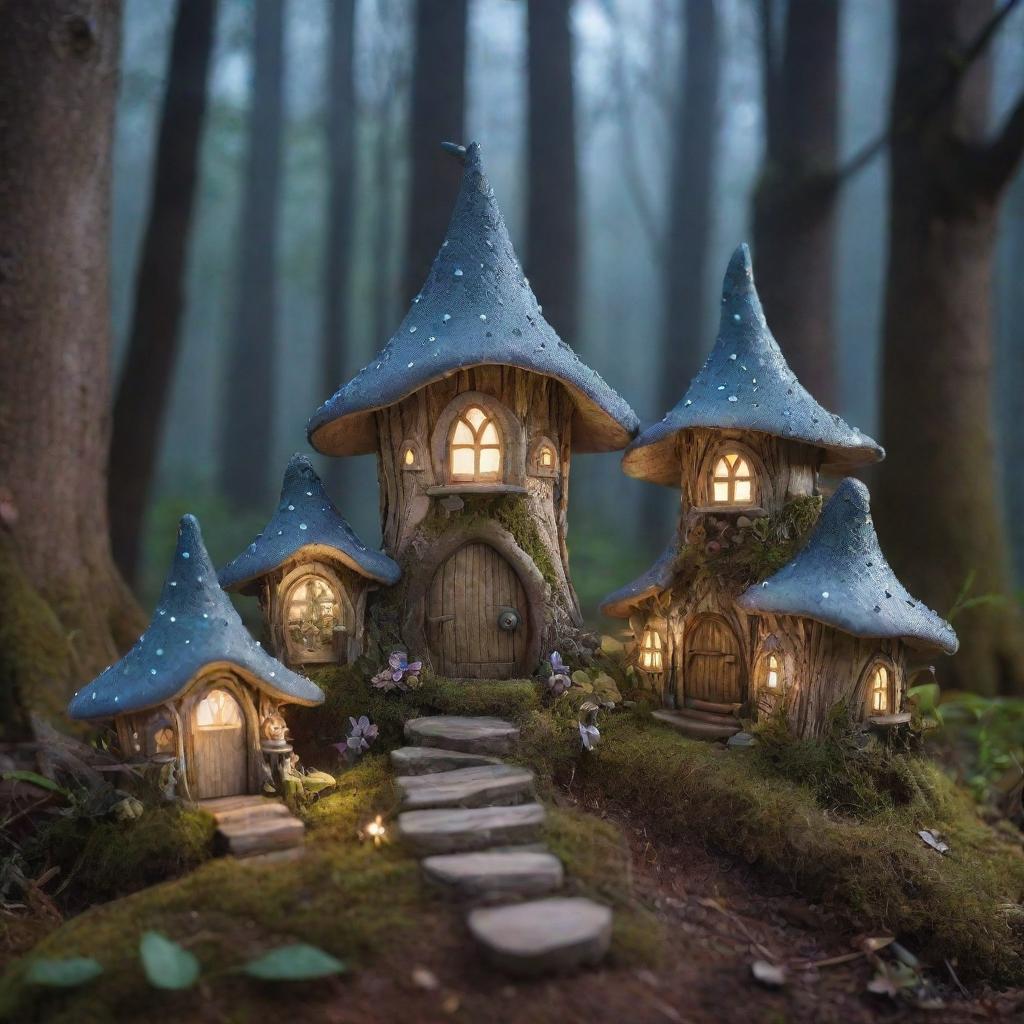 A handful of enchanted fairy houses under the mesmerizing moonlight amidst an ethereal forest setting, each brimming with magical aura intensified by twinkling lights and mystical mist.