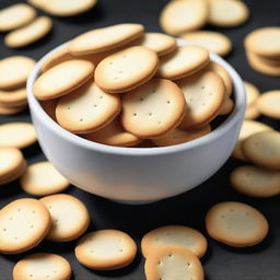 A hyper-realistic digital art piece showcasing a bowl filled with round, white crackers