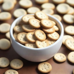 A hyper-realistic digital art piece showcasing a bowl filled with round, white crackers