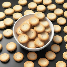 A hyper-realistic digital art piece showcasing a bowl filled with round, white crackers