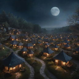 Image of a darkened enchanted fairy village, with fewer houses shrouded in mystery. The glowing moon is dramatically highlighted, casting soft, luminescent rays. The perspective zooms out, giving a grand overview.