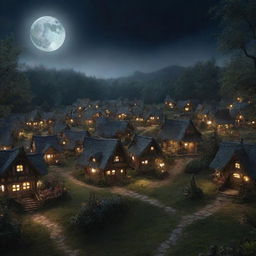 Image of a darkened enchanted fairy village, with fewer houses shrouded in mystery. The glowing moon is dramatically highlighted, casting soft, luminescent rays. The perspective zooms out, giving a grand overview.