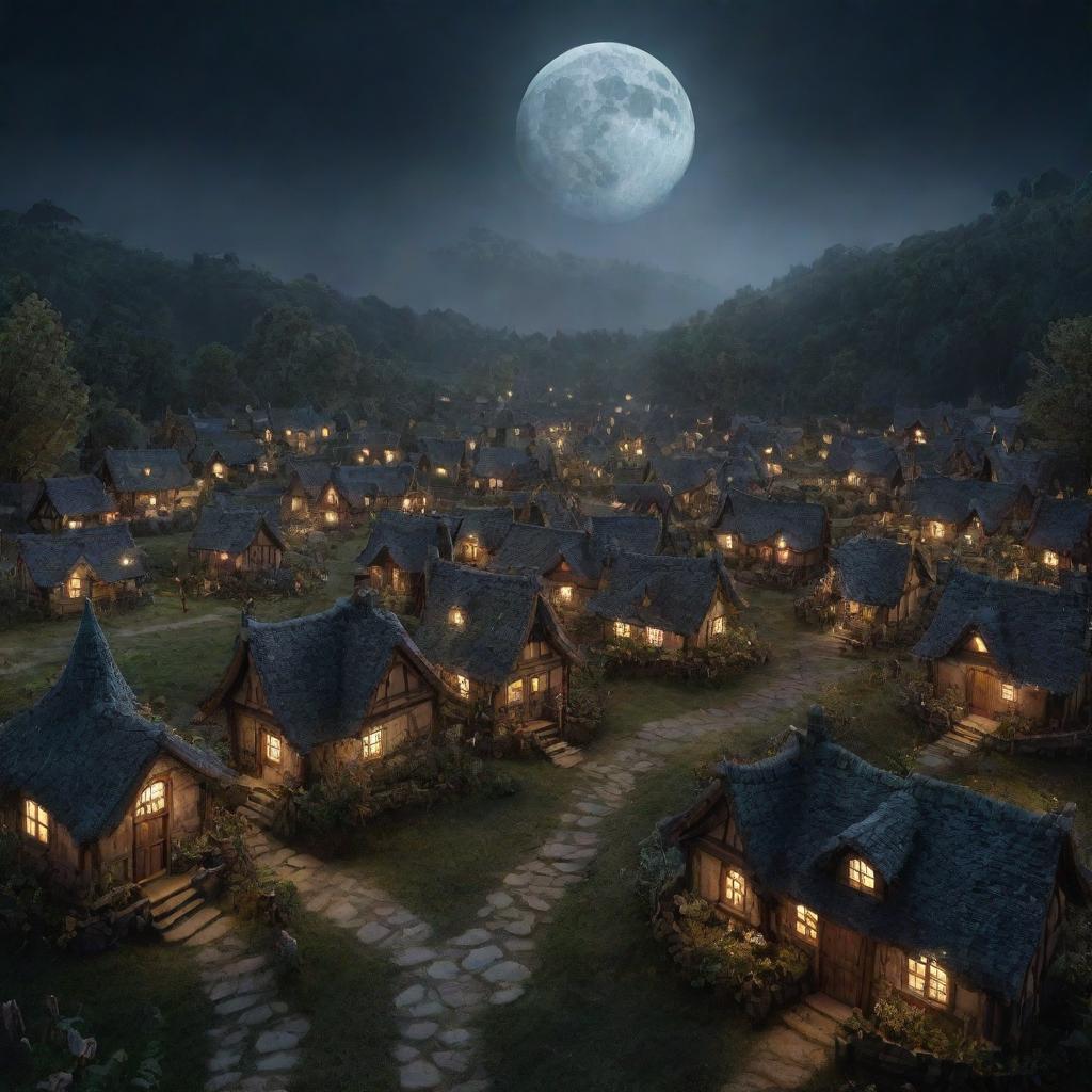 Image of a darkened enchanted fairy village, with fewer houses shrouded in mystery. The glowing moon is dramatically highlighted, casting soft, luminescent rays. The perspective zooms out, giving a grand overview.