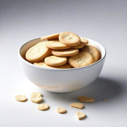 A hyper-realistic digital art piece presents a bowl of round, white crackers sitting on a white table