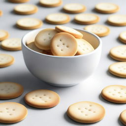 A hyper-realistic digital art piece presents a bowl of round, white crackers sitting on a white table