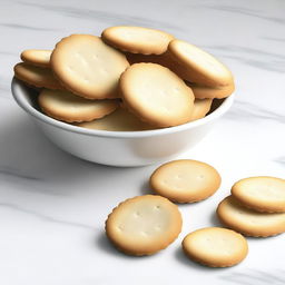 A hyper-realistic digital art piece presents a bowl of round, white crackers sitting on a white table