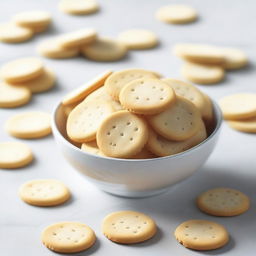 A hyper-realistic digital art piece presents a bowl of round, white crackers sitting on a white table