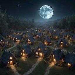 Image of a darkened enchanted fairy village, with fewer houses shrouded in mystery. The glowing moon is dramatically highlighted, casting soft, luminescent rays. The perspective zooms out, giving a grand overview.