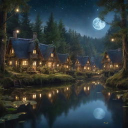 A mystical fairy village with fewer ornate houses, nestled by a placid, moonlit water body reflecting the magical landscape, with oversized forest flora and twinkling fireflies.