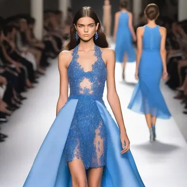 The model strutted down the runway, sporting a mesmerizing icily blue dress.