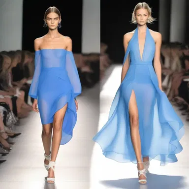 The model strutted down the runway, sporting a mesmerizing icily blue dress.