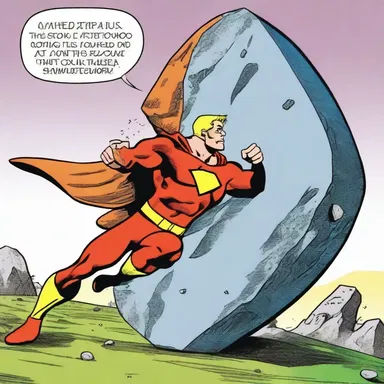 In the comic strip, the superhero used his super strength to crank up a gigantic boulder and hurl it at the supervillain.