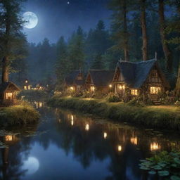 A mystical fairy village with fewer ornate houses, nestled by a placid, moonlit water body reflecting the magical landscape, with oversized forest flora and twinkling fireflies.