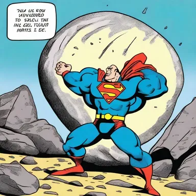 In the comic strip, the superhero used his super strength to crank up a gigantic boulder and hurl it at the supervillain.