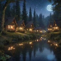 A mystical fairy village with fewer ornate houses, nestled by a placid, moonlit water body reflecting the magical landscape, with oversized forest flora and twinkling fireflies.