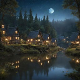 A mystical fairy village with fewer ornate houses, nestled by a placid, moonlit water body reflecting the magical landscape, with oversized forest flora and twinkling fireflies.