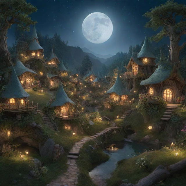 A zoomed out view of a magical fairy village with fewer, distant houses bathed in soft moonlight. The landscape spreads wide to include ethereal forest flora and a sense of enchanting solitude.