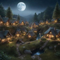 A zoomed out view of a magical fairy village with fewer, distant houses bathed in soft moonlight. The landscape spreads wide to include ethereal forest flora and a sense of enchanting solitude.