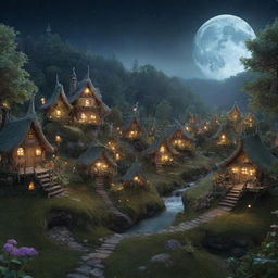 A zoomed out view of a magical fairy village with fewer, distant houses bathed in soft moonlight. The landscape spreads wide to include ethereal forest flora and a sense of enchanting solitude.