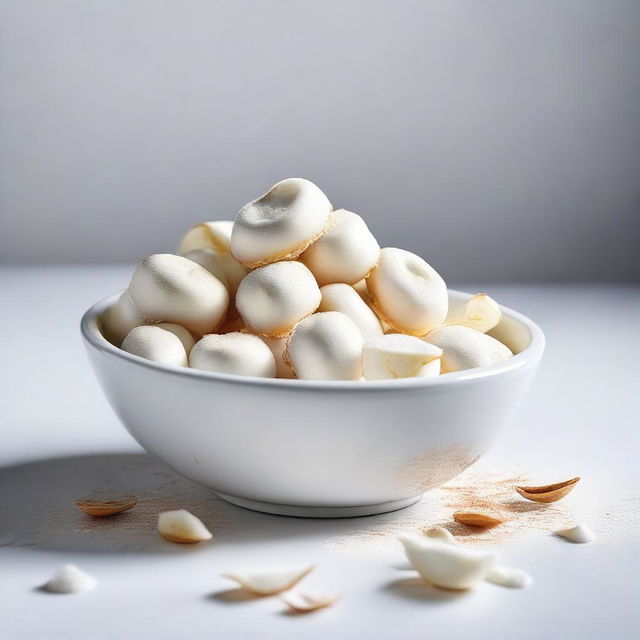 A hyper-realistic digital art piece depicts a bowl overflowing with white cireng, a popular Indonesian snack, spilling onto a white table