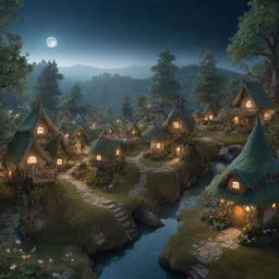 A zoomed out view of a magical fairy village with fewer, distant houses bathed in soft moonlight. The landscape spreads wide to include ethereal forest flora and a sense of enchanting solitude.