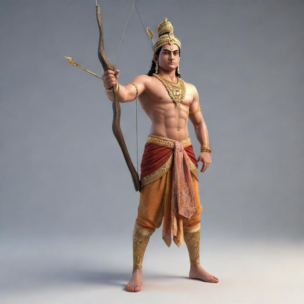 3D illustration of Lord Ram, in traditional attire, standing in a poised stance with a bow and arrow.