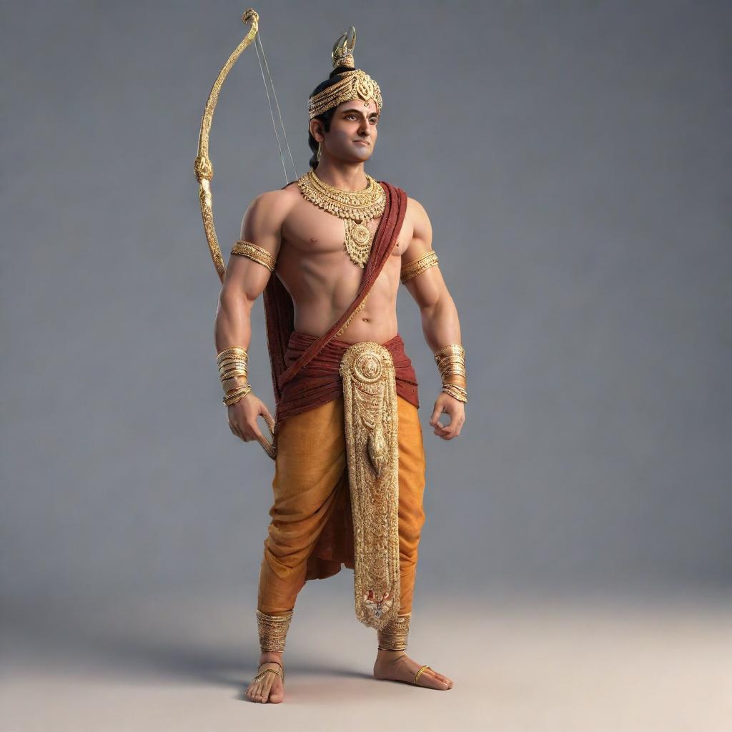 3D illustration of Lord Ram, in traditional attire, standing in a poised stance with a bow and arrow.