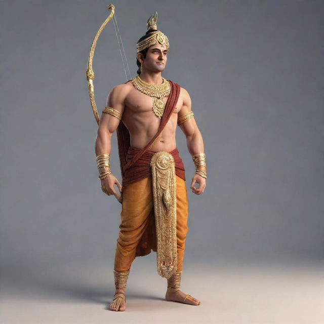 3D illustration of Lord Ram, in traditional attire, standing in a poised stance with a bow and arrow.