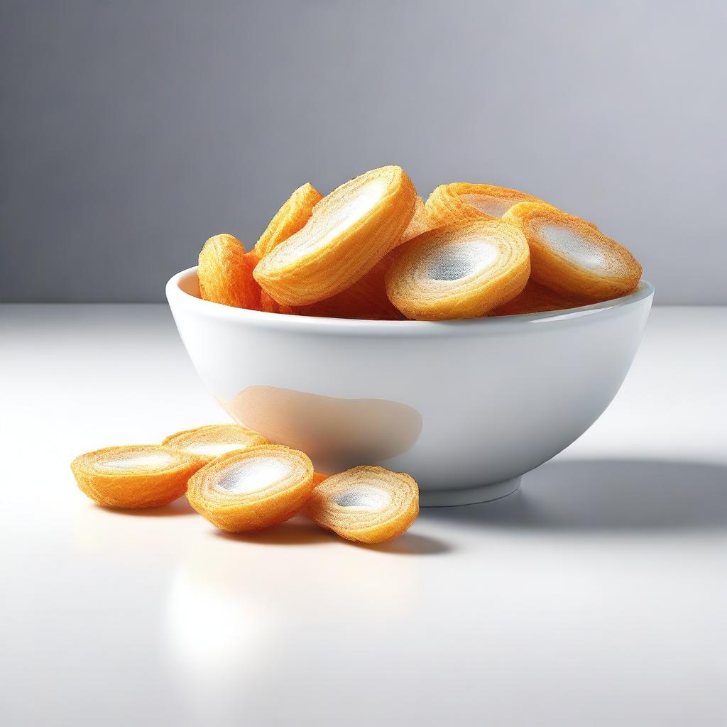 A hyper-realistic digital art piece showcases a bowl brimming with long, round, white cireng, an Indonesian snack, spilling over onto a white table