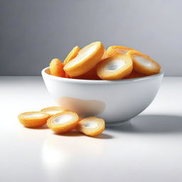 A hyper-realistic digital art piece showcases a bowl brimming with long, round, white cireng, an Indonesian snack, spilling over onto a white table