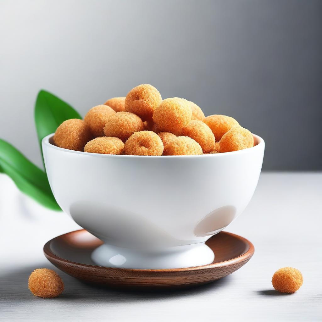 A hyper-realistic digital art piece showcases a bowl brimming with long, round, white cireng, an Indonesian snack, spilling over onto a white table