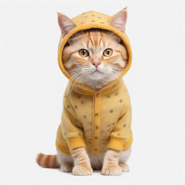 A vibrant yellow cat, dressed in adorable clothing, set against a transparent PNG background.