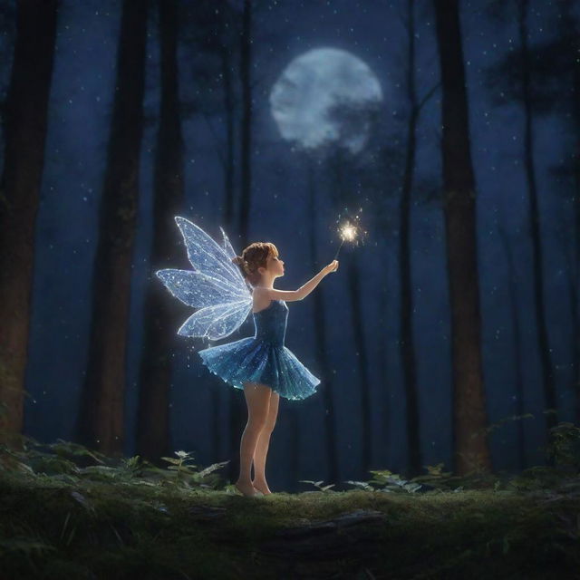 A 2.5D animation featuring a fairy sprinkling stardust under the moonlight in a dense forest