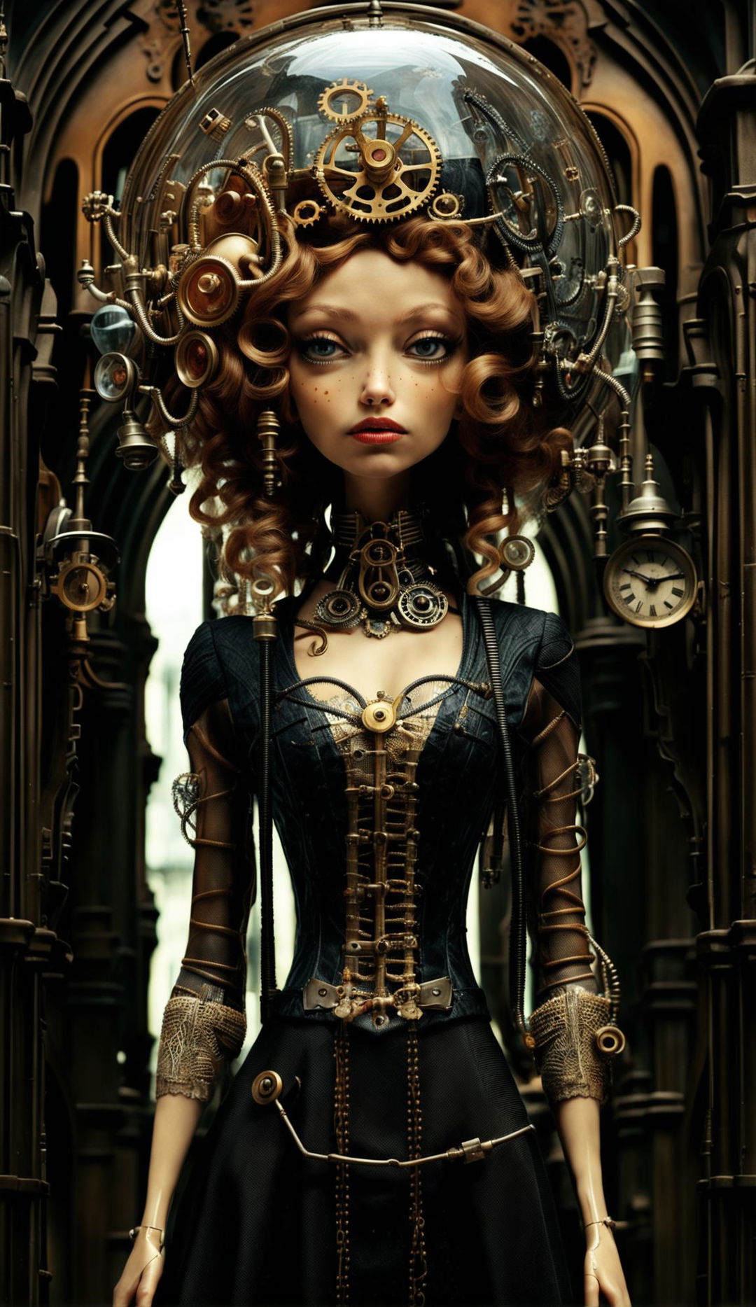 A traditional Tim Burton style woman with glass skin revealing steampunk clockwork insides, set against a cityscape background.