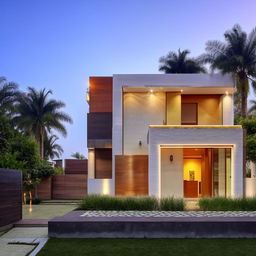 Modern house on a 137 square yard plot, intricate architectural details, landscaped front yard, evening lighting