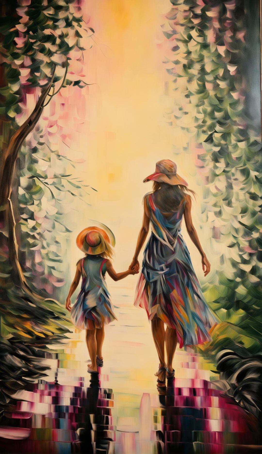 Impressionistic painting of a woman in sundress and wide brim hat holding a child's hand, walking on a nature path with a landscape background and a willow tree, bathed in painted light with blurry brushstrokes, displayed in a museum art gallery.