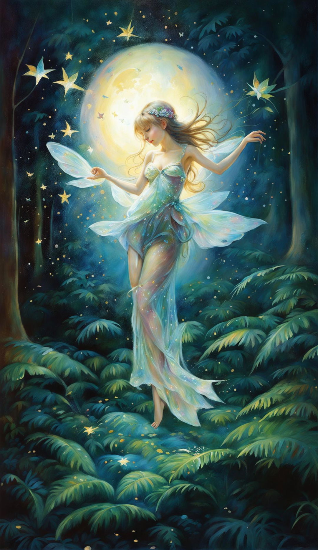 A Galina Zimmatore-style painting of a fairy sprinkling stardust in a moonlit forest.