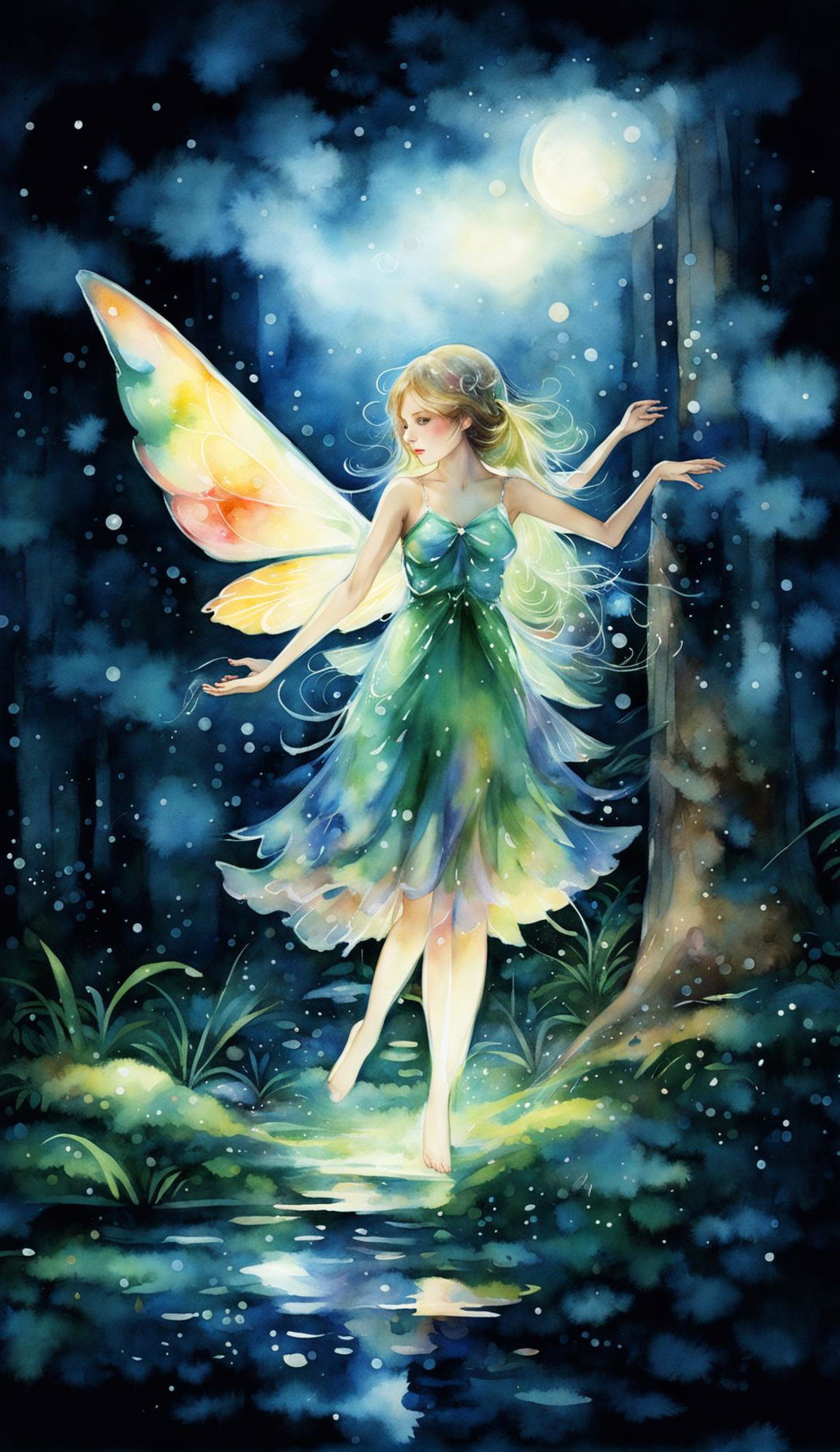 A watercolour painting of a fairy sprinkling stardust under the moonlight in a dense forest.