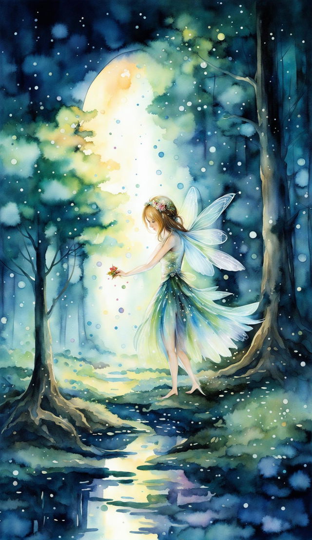 An abstract watercolour painting of a fairy sprinkling stardust under the moonlight in a dense forest with detailed brush strokes.