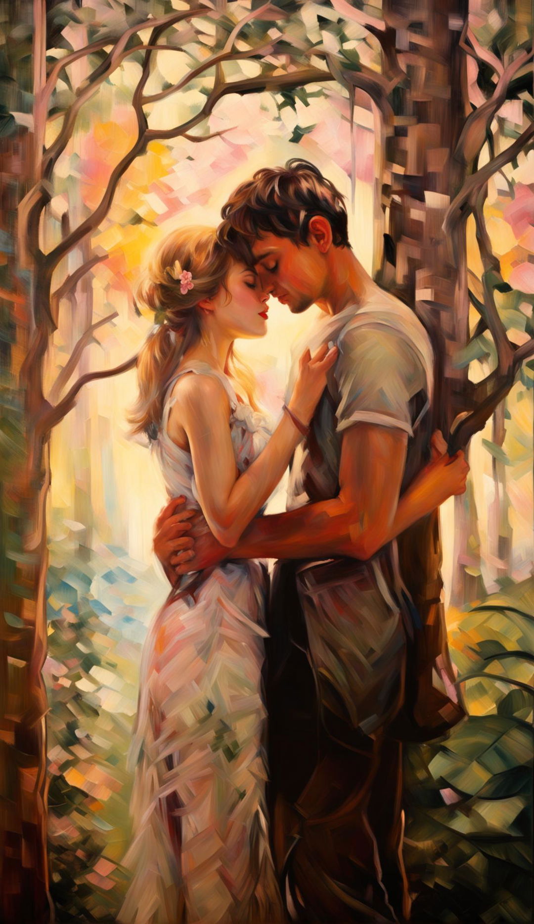 Impressionistic painting of a young couple courting under overhanging trees, set against a background landscape bathed in painted light with blurry brushstrokes, displayed in a museum art gallery.