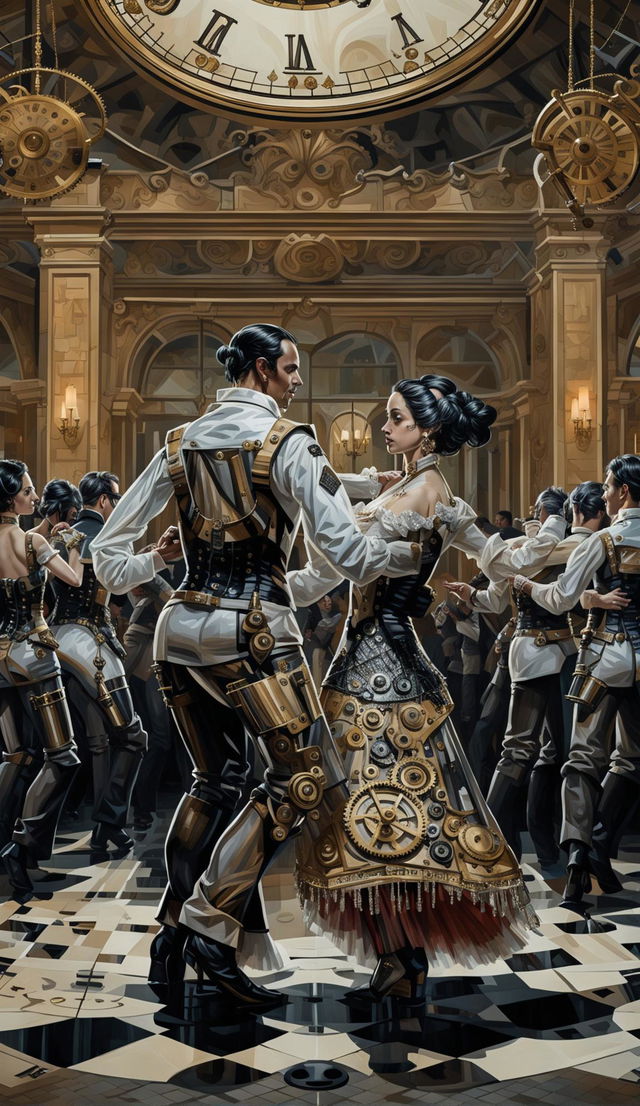 Rococo and Steampunk fusion in a Renaissance era ballroom with clockwork-organic humans waltzing.