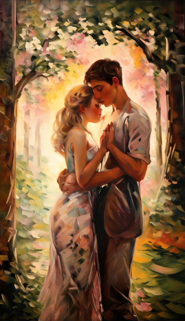 Impressionistic painting of a young couple courting under overhanging trees in the distance, set against a background landscape bathed in painted light with blurry brushstrokes, displayed in a museum art gallery.